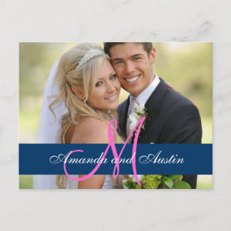 Blue Damask Wedding Photo Thank You Postcard