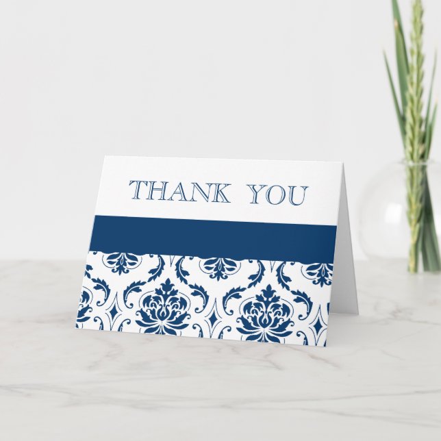 Blue Damask Wedding Thank You Cards (Front)