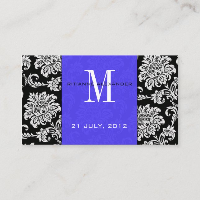 Blue Damask Wedding Website Business Card (Front)