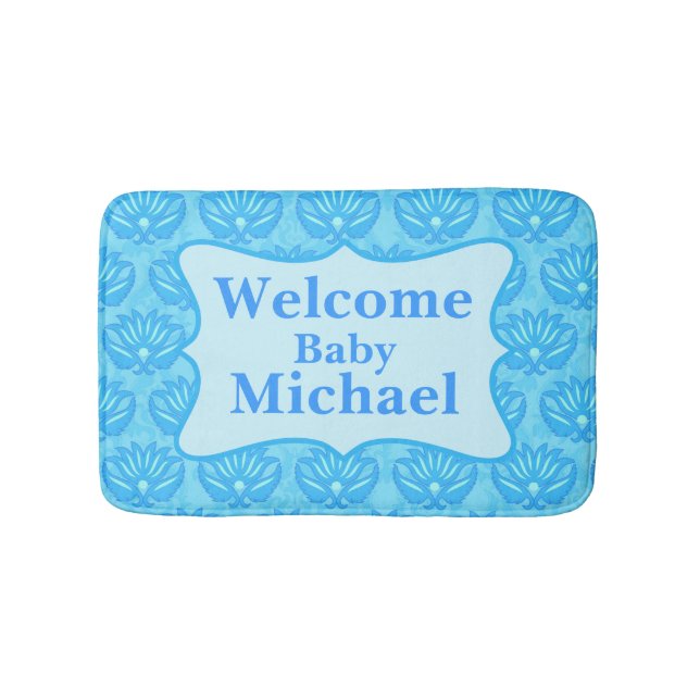 Blue Damask Welcome Name Personalized Baby Boy Rug (Front)