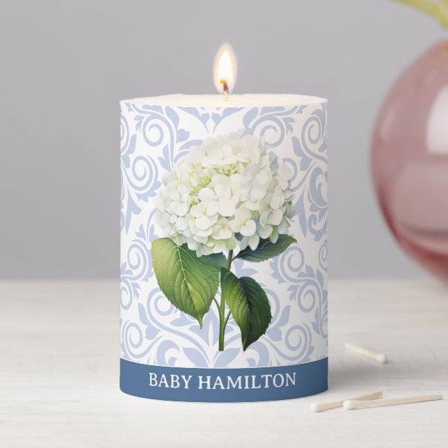 Blue Damask White Hydrangea  Pillar Candle (In Situ)