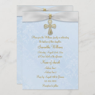 Blue Damask, White Ribbon & Gold Cross Baptism Invitation