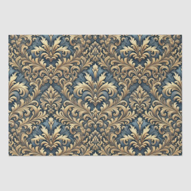 Blue Damask with Gold Pattern Decoupage Tissue Paper (Front)