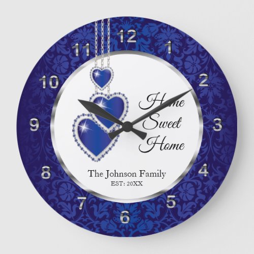 Blue Damask with Hearts _ Home Sweet Home Large Clock