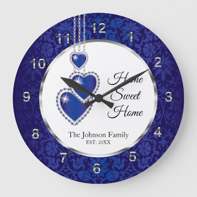 Blue Damask with Hearts - Home Sweet Home Large Clock (Front)