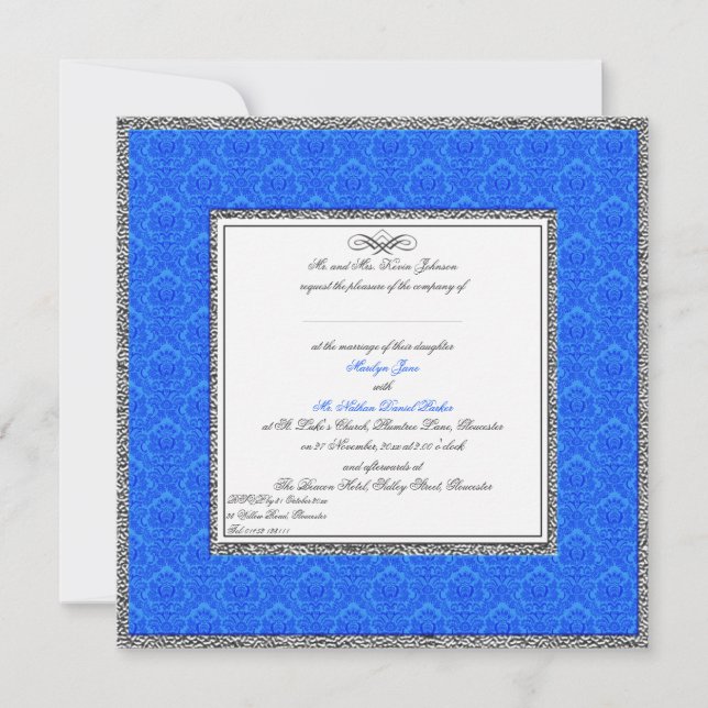 Blue Damask with Pewter U.K. Wedding Invitation (Front)