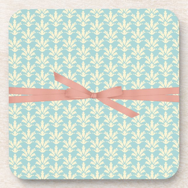 Blue Damask with Pink Bow Coaster (Front)