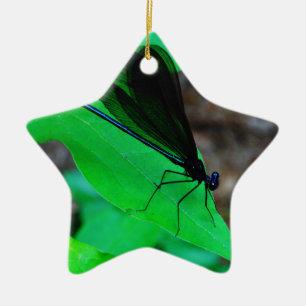 Blue Damselfly on a green leaf. Ceramic Ornament