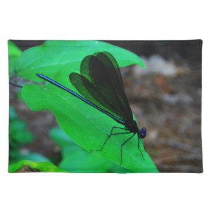 Blue Damselfly on a green leaf. Cloth Placemat