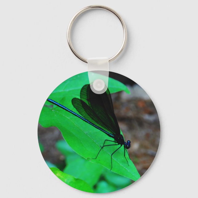Blue Damselfly on a green leaf. Keychain (Front)