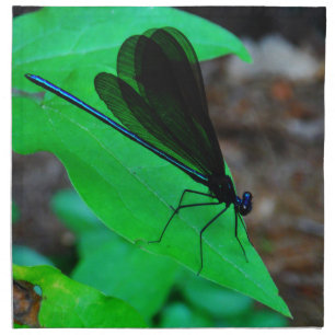 Blue Damselfly on a green leaf. Napkin