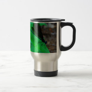 Blue Damselfly on a green leaf. Travel Mug