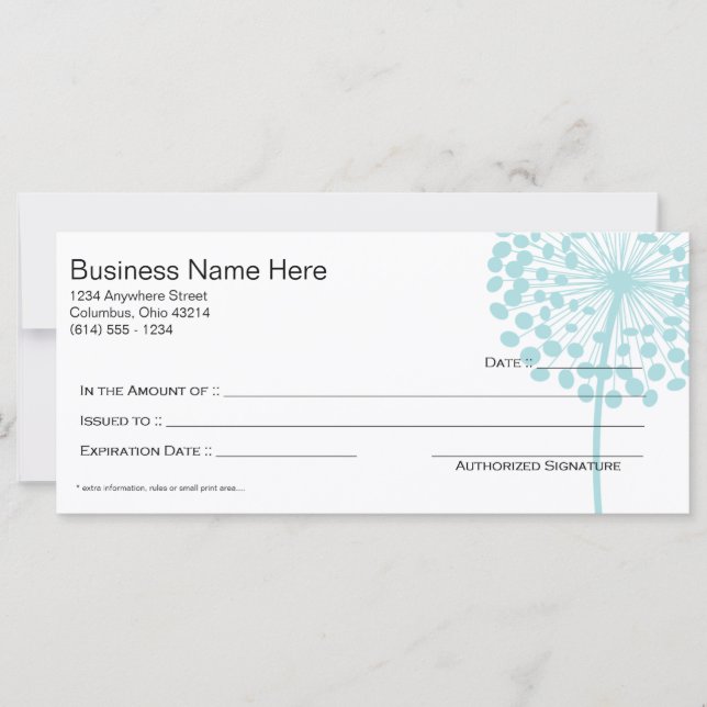 Blue Dandelion Flower Gift Certificate Design 3 (Front)