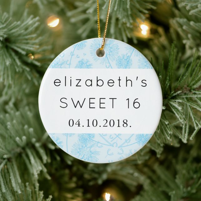 Blue Dandelion Flowers, Floral Sweet 16 Ceramic Ornament (Tree)