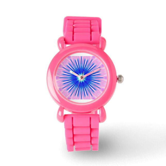 blue dandelion on pink watch (Front)