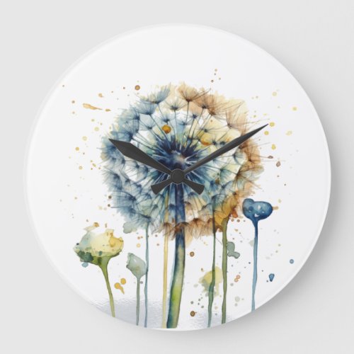 Blue dandelion ready to be blown in water color large clock