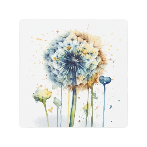Blue dandelion ready to be blown in water color metal print