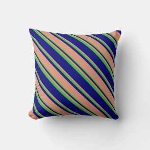 Blue, Dark Salmon & Lime Green Striped Pattern Throw Pillow