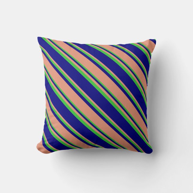 Blue, Dark Salmon & Lime Green Striped Pattern Throw Pillow (Front)