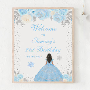 Blue Dark Skin Girl Birthday Party Welcome Poster