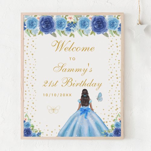 Blue Dark Skin Girl Birthday Party Welcome Poster