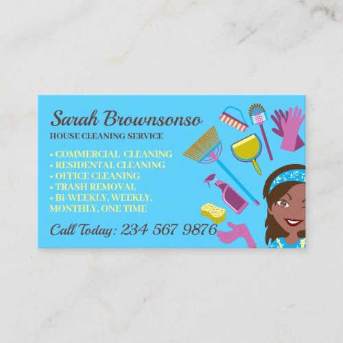 Blue Dark Skin Janitorial Lady House Cleaning Business Card
