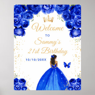Blue Dark Skin Princess Birthday Welcome Poster