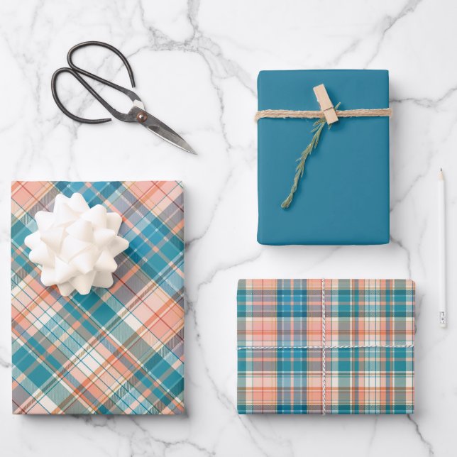Blue, Dark Teal, Salmon & White Plaid Wrapping Paper Sheets (Front)