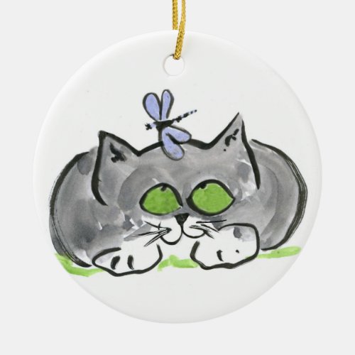 Blue Darning Needle and Gray Kitten Ceramic Ornament
