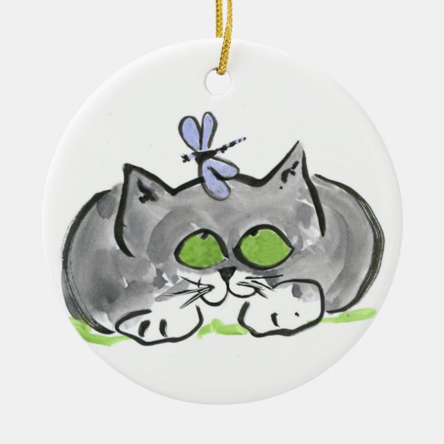Blue Darning Needle and Gray Kitten Ceramic Ornament (Front)