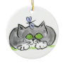 Blue Darning Needle and Gray Kitten Ceramic Ornament