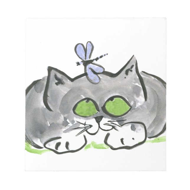 Blue Darning Needle and Gray Kitten Notepad (Front)
