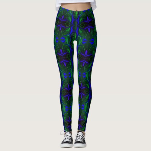 Blue dashes floating on green background leggings