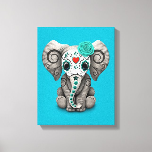 Blue Day of the Dead Sugar Skull Baby Elephant Canvas Print (Front)