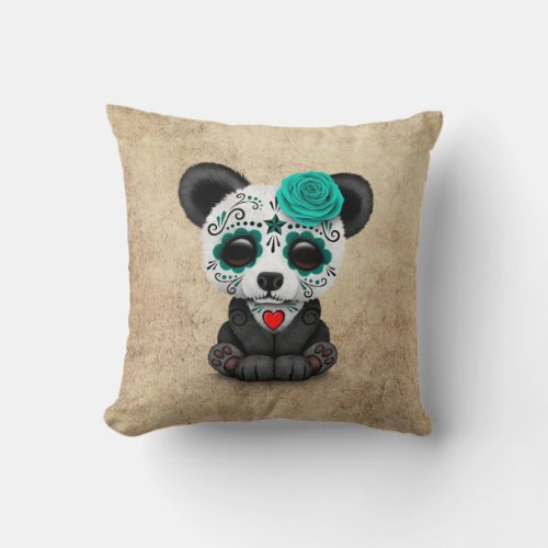Blue Day of the Dead Sugar Skull Panda Aged Throw Pillow