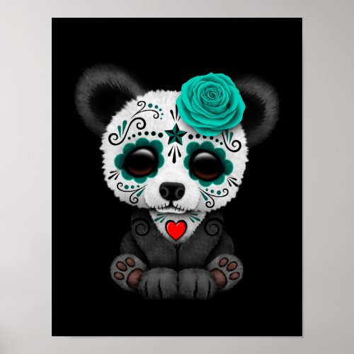 Blue Day of the Dead Sugar Skull Panda on Black Poster