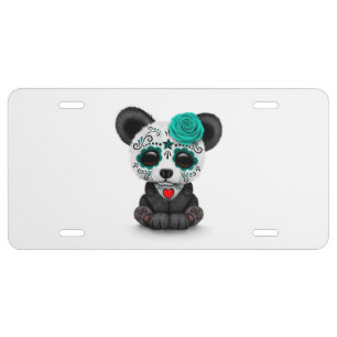 Blue Day of the Dead Sugar Skull Panda on White License Plate