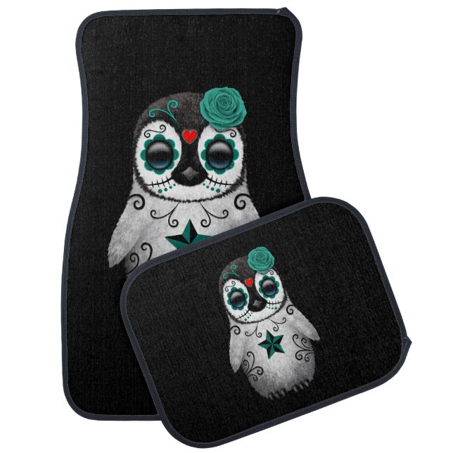 Blue Day of the Dead Sugar Skull Penguin Black Car Mat (Set)
