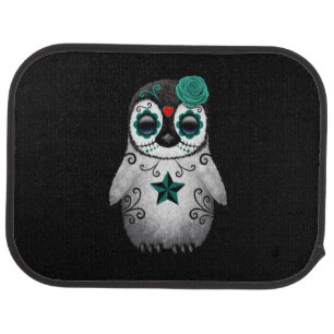 Blue Day of the Dead Sugar Skull Penguin Black Car Mat