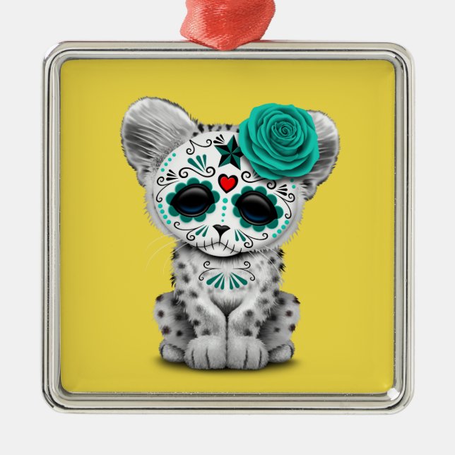Blue Day of the Dead Sugar Skull Snow Leopard Cub Metal Ornament (Front)