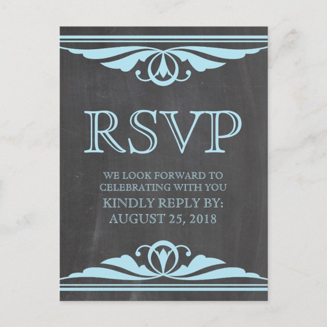 Blue Deco Chalkboard RSVP Postcard (Front)