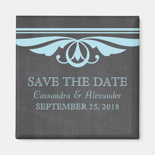 Blue Deco Chalkboard Save the Date Magnet (Front)