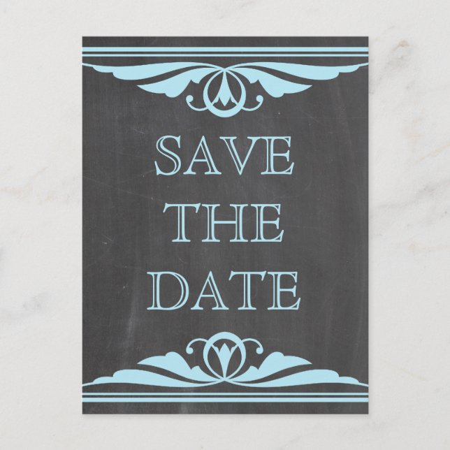 Blue Deco Chalkboard Save the Date Postcard (Front)