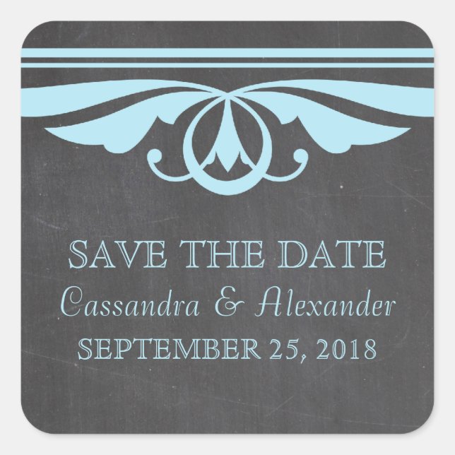 Blue Deco Chalkboard Save the Date Stickers (Front)