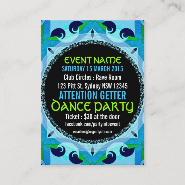 Blue Deco EVENT PARTY  Mini Flyers Business Card (Front)