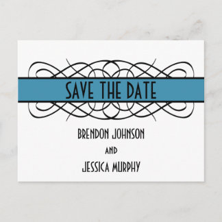 Blue Deco Flourish Save the Date Postcard