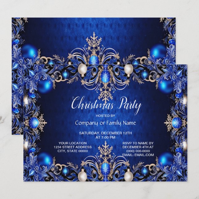 Blue Decorative Christmas Party Invitation (Front/Back)