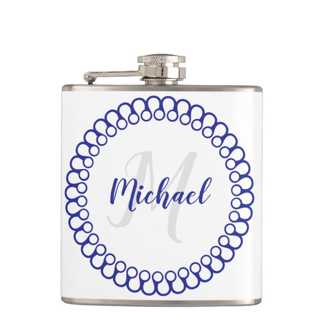 Blue Decorative Circle Monogram Flask (Front)