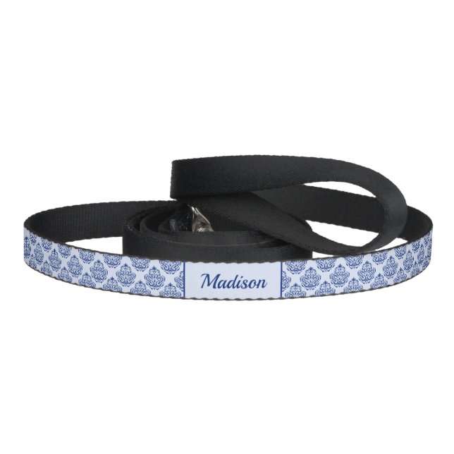 Blue Decorative Damask Pattern And Custom Pet Name Pet Leash (Handle)