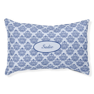 Blue Decorative Damask Pattern With Custom Name Pet Bed